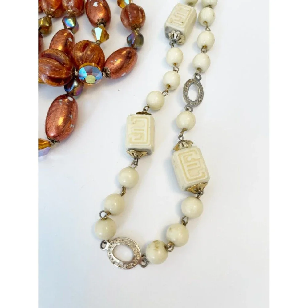 Vintage Necklace Lot Beaded Faux Pearl Amber Red Statement Retro Jewelry 4